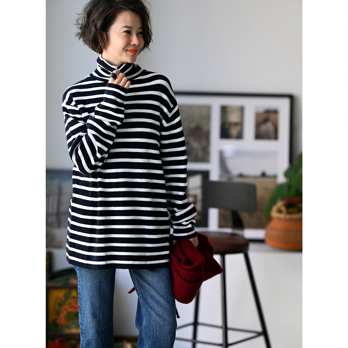 弹力撞色条纹打底高领针织衫女