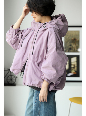 包邮W15163 文艺休闲宽松前短后长抽绳A摆连帽短款外套女2025