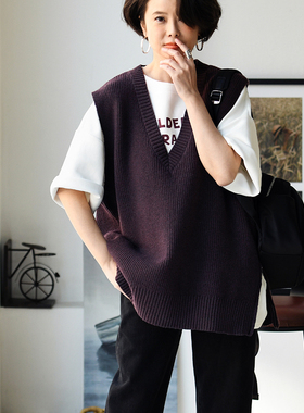 包邮V50530 通勤文艺休闲百搭V领宽松侧拉链套头针织马甲毛背心女
