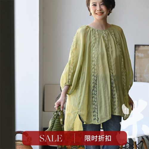 宽松中长款圆领蕾丝拼接苎麻衬衫
