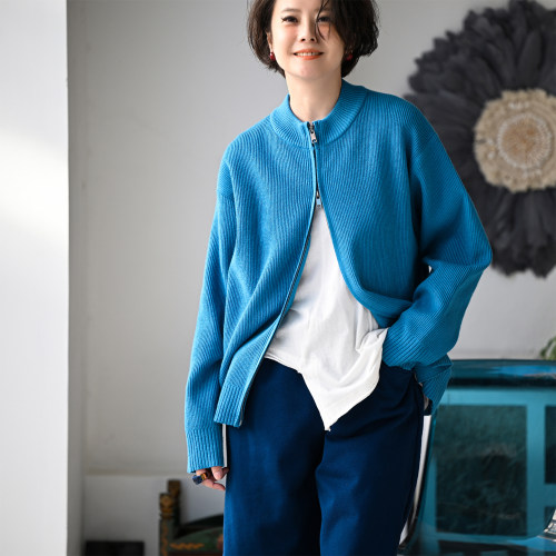 圆领双拉链纯色宽松开衫毛衣女