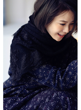 特●J8853文艺简约百搭蕾丝拼贴长款毛线围巾保暖披肩女米兰宣言