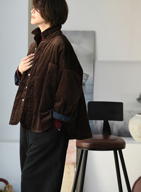 包邮F03375 文艺休闲减龄翻领撞色小扣灯芯绒衬衫式外套棉服女冬