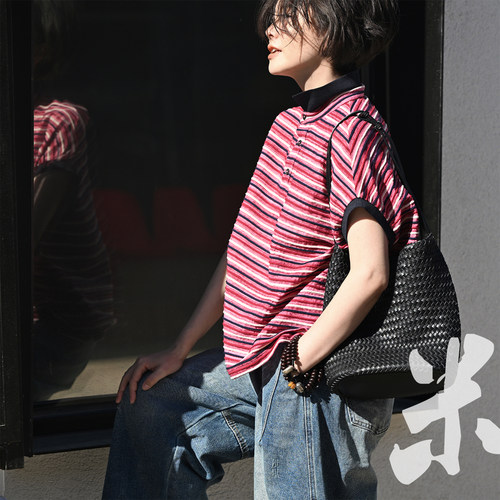 POLO领宽松肌理感彩条短袖T恤