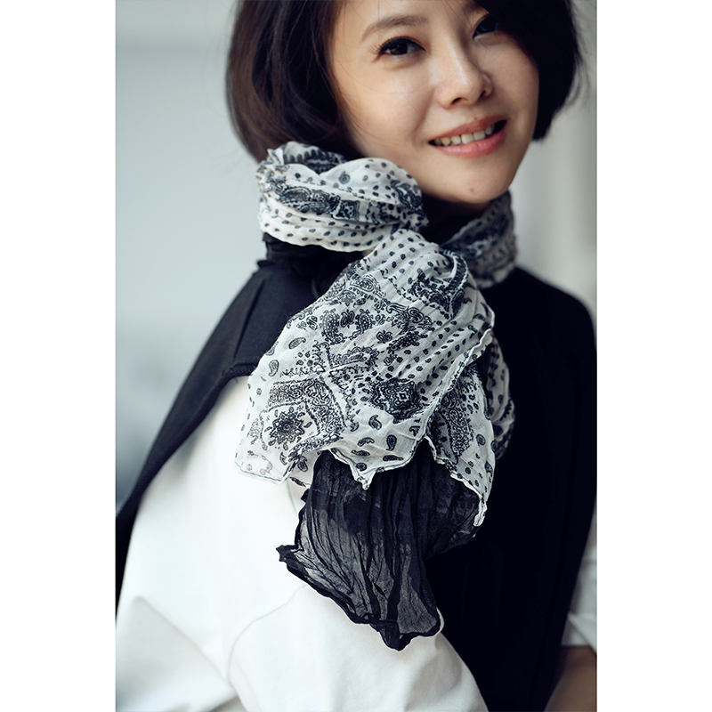 拼色碎花百搭薄款褶皱长围巾披肩