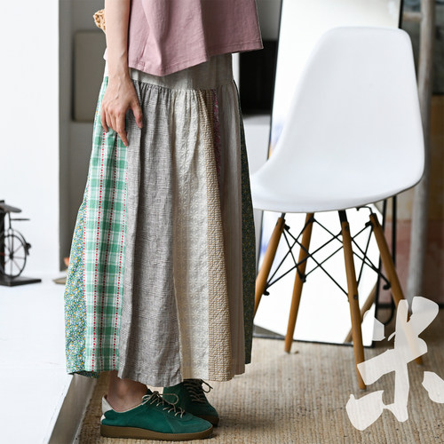 日系甜美碎花亚麻九分阔腿裙裤女
