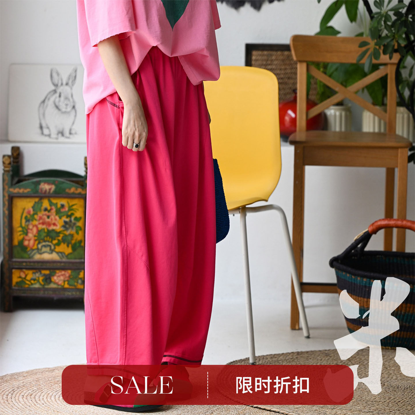 K26013 休闲文艺百搭明线外缝纯棉宽松阔腿灯笼九分裤女26春