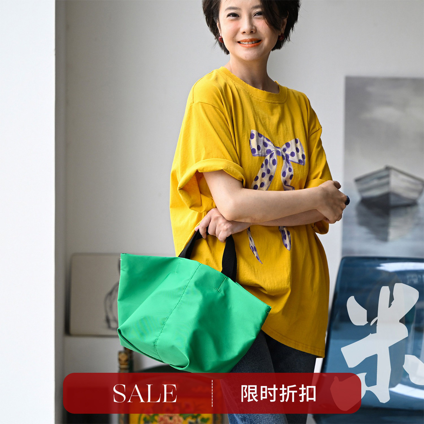 T77120 文艺休闲宽松纯棉撞色蝴蝶结印花圆领短袖T恤女夏米兰宣言