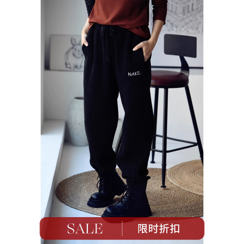 文艺做旧加绒束脚卫裤女米兰宣言
