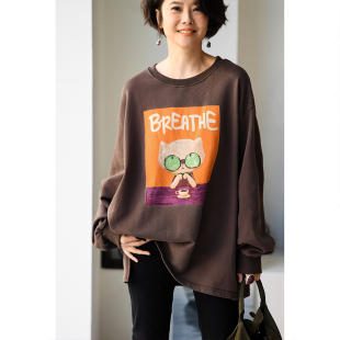 休闲可爱圆领纯棉宽松大版 韩版 R62700 卡通猫咪印花卫衣女秋 包邮