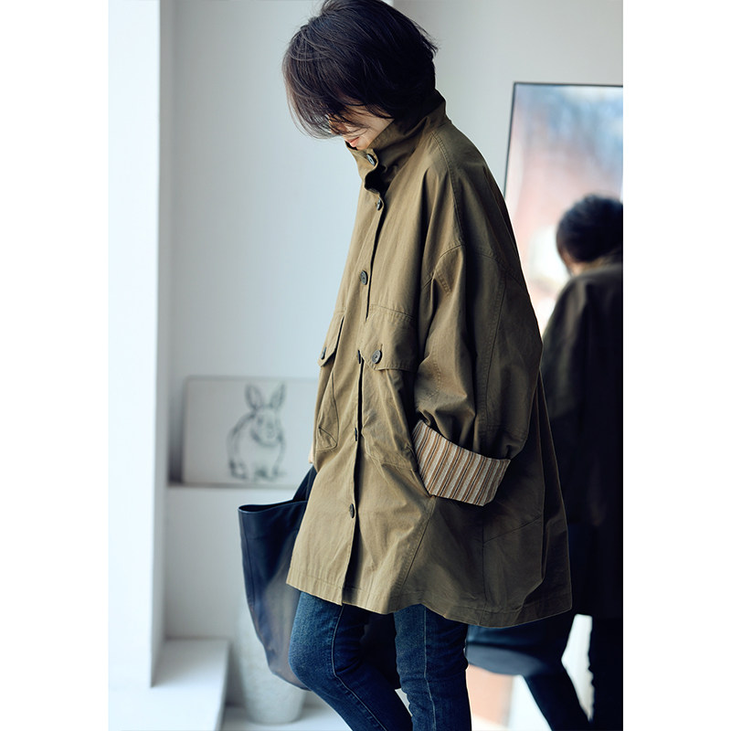 包邮 W8533C 文艺休闲气质简约大兜宽松立领中长款风衣外套女秋