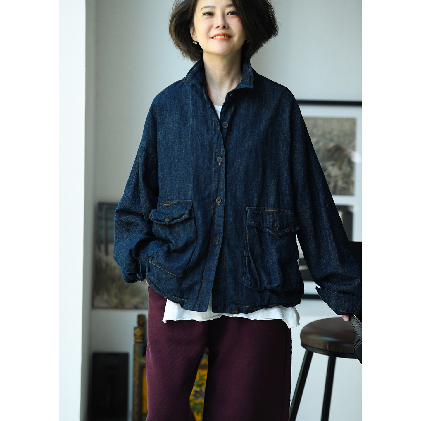 双层南瓜型亚麻翻领夹克外套