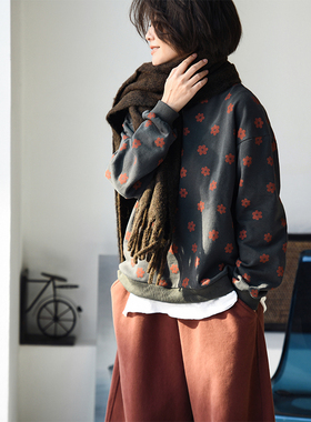 包邮R03616 甜美休闲文艺撞色笑脸小碎花宽松纯棉毛圈卫衣女秋冬