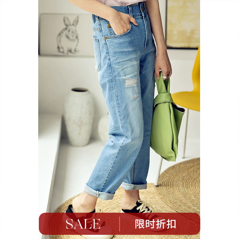 特●N1018C做旧破洞高腰显瘦萝卜牛仔裤女春韩版水洗磨白米兰宣言
