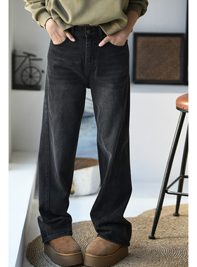 包邮 N6550C 文艺水洗炭黑色宽松立体裁剪加绒直筒牛仔长裤女秋冬