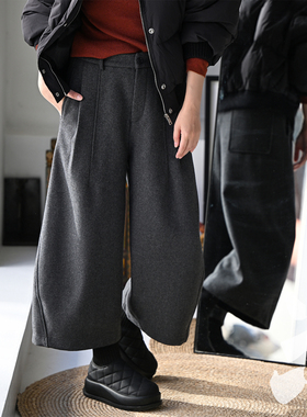 包邮K56277 文艺休闲通勤高腰捏褶羊毛毛呢八分阔腿花苞裤女秋冬