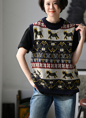包邮 V62110 文艺减龄撞色小马织花宽松圆领套头针织马甲2026 新