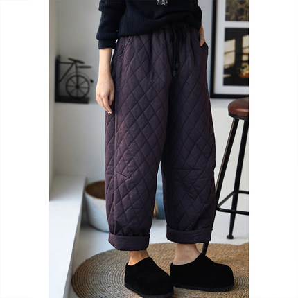 包邮 K12800 文艺休闲布衣风松紧腰宽松九分绗缝灯笼宽腿棉裤女冬