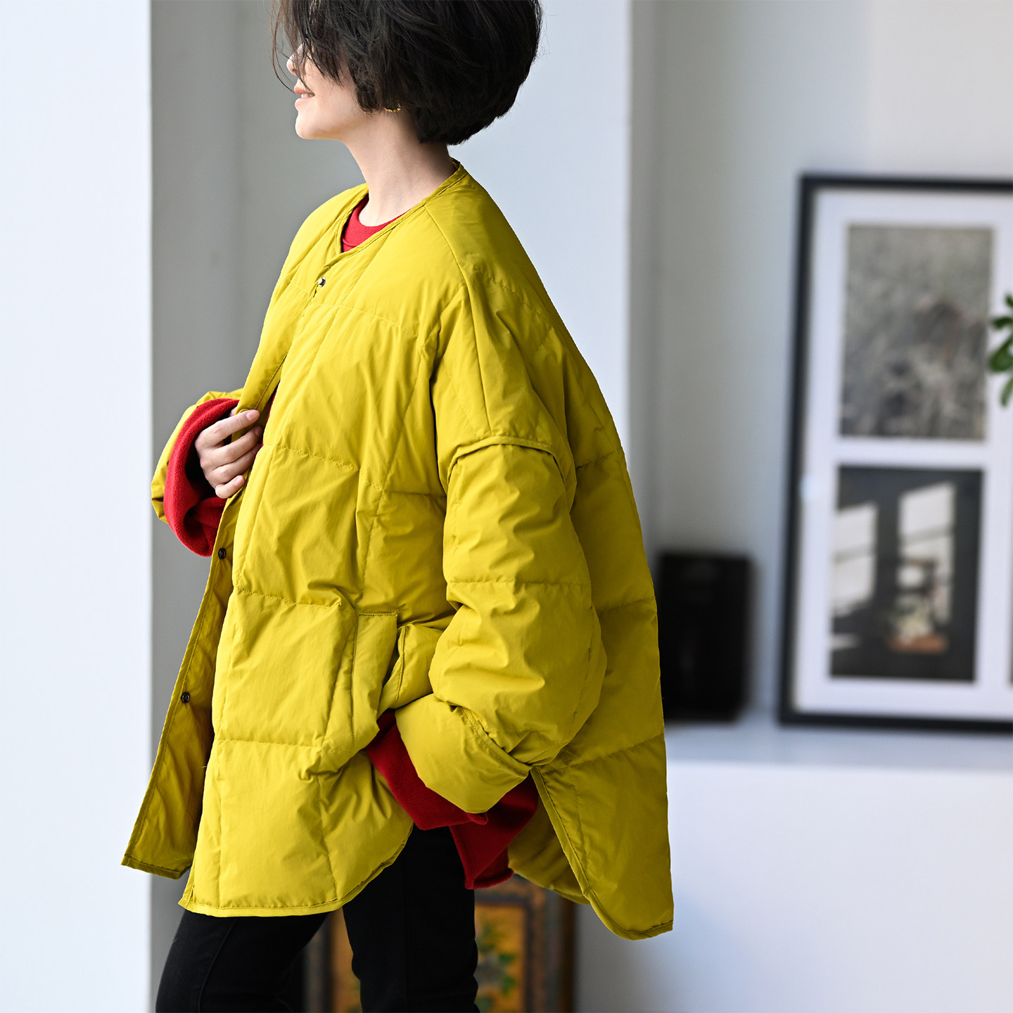 韩版圆领大版中长方格羽绒服