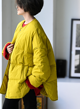 Y77877 韩版男友风oversize圆领大版中长方格羽绒服女冬 米兰宣言