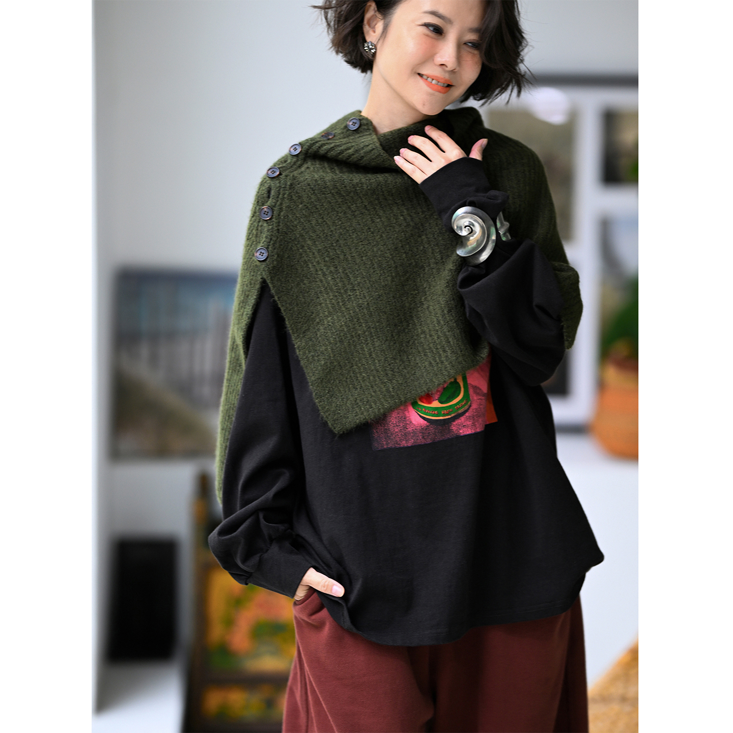 印花宽松套头纯棉打底圆领卫衣