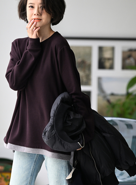 T68670 文艺休闲圆领宽松侧扣德绒打底假两件T恤女25秋冬米兰宣言