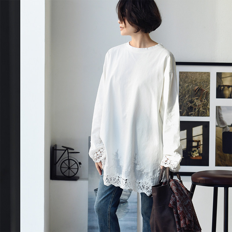包邮T79011 文艺休闲清新圆领长袖中长款钩花蕾丝边打底T恤女秋冬,女装/女士精品,T恤,淘宝优惠券,粉丝福利购,淘宝优惠卷