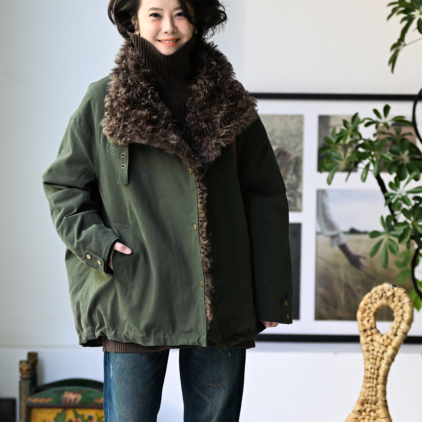 立领排扣加厚保暖工装羽绒服