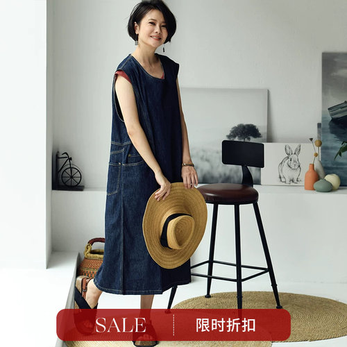 大兜明线宽松牛仔长款连衣裙女