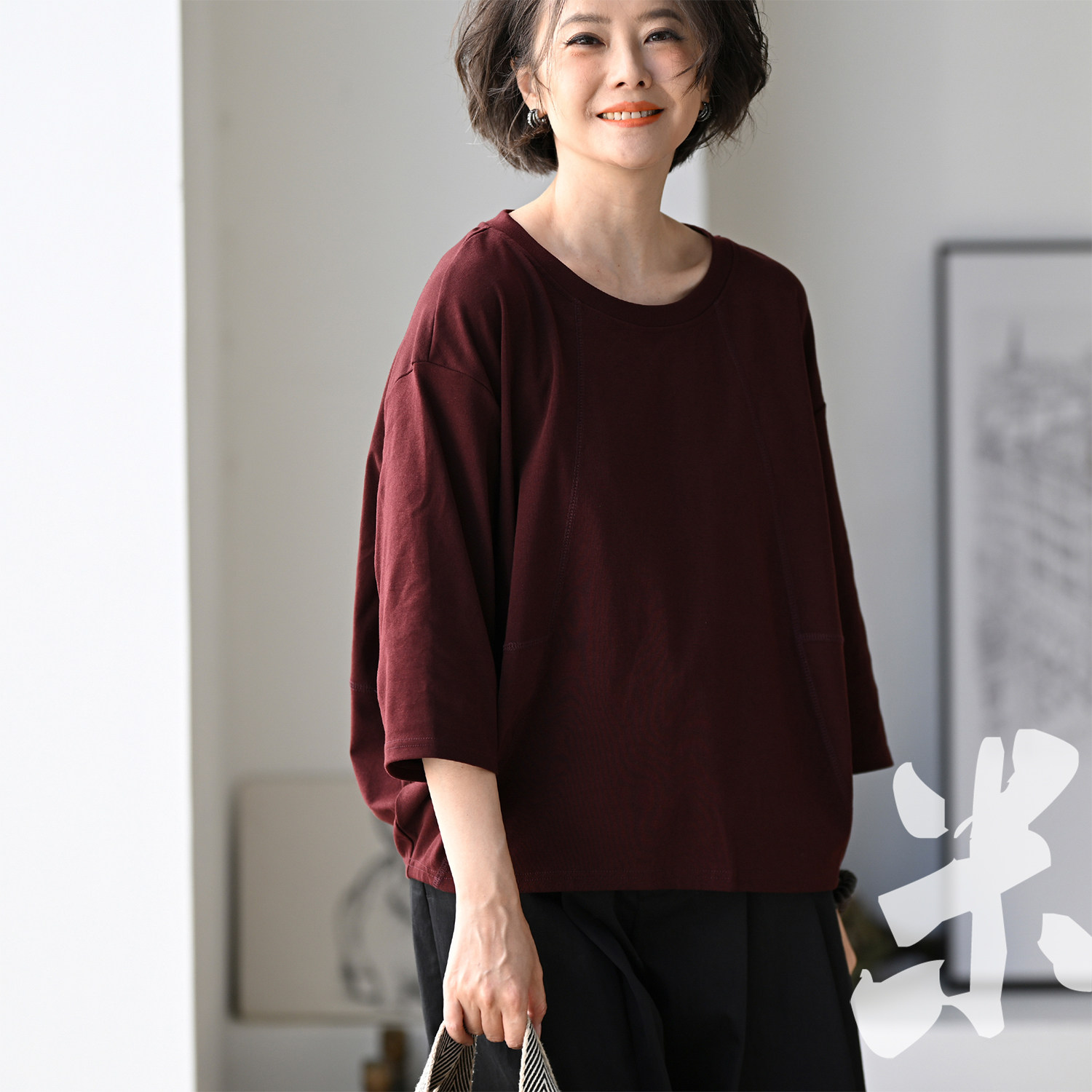 包邮T81870 文艺休闲南瓜型圆领短袖宽松明线纯色T恤女2026秋