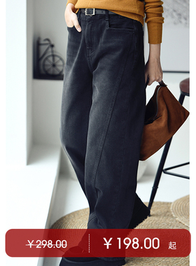 N7027C 文艺休闲水洗做旧侧拼条显瘦加绒保暖直筒牛仔长裤女秋冬