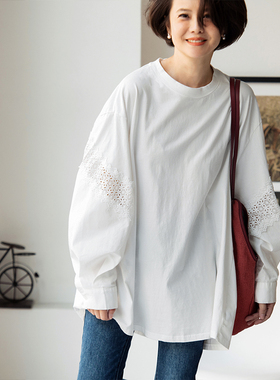 包邮 T12230 文艺休闲甜美圆领拼接蕾丝镂空宽松大版长袖T恤春秋