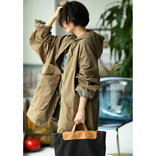 中长款 休闲百搭纯棉连帽抽绳大兜宽松大版 W92235 风衣女秋 包邮