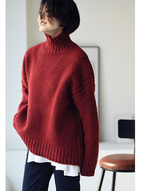 包邮 特●M2307C文艺洋气手工缝线厚实保暖羊毛宽松高领红毛衣女