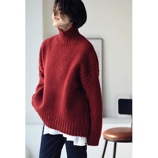 M2307C文艺洋气手工缝线厚实保暖羊毛宽松高领红毛衣女 特 包邮