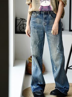 包邮 N81797 文艺重工水洗磨破男友风撞色宽松直筒牛仔长裤女秋季