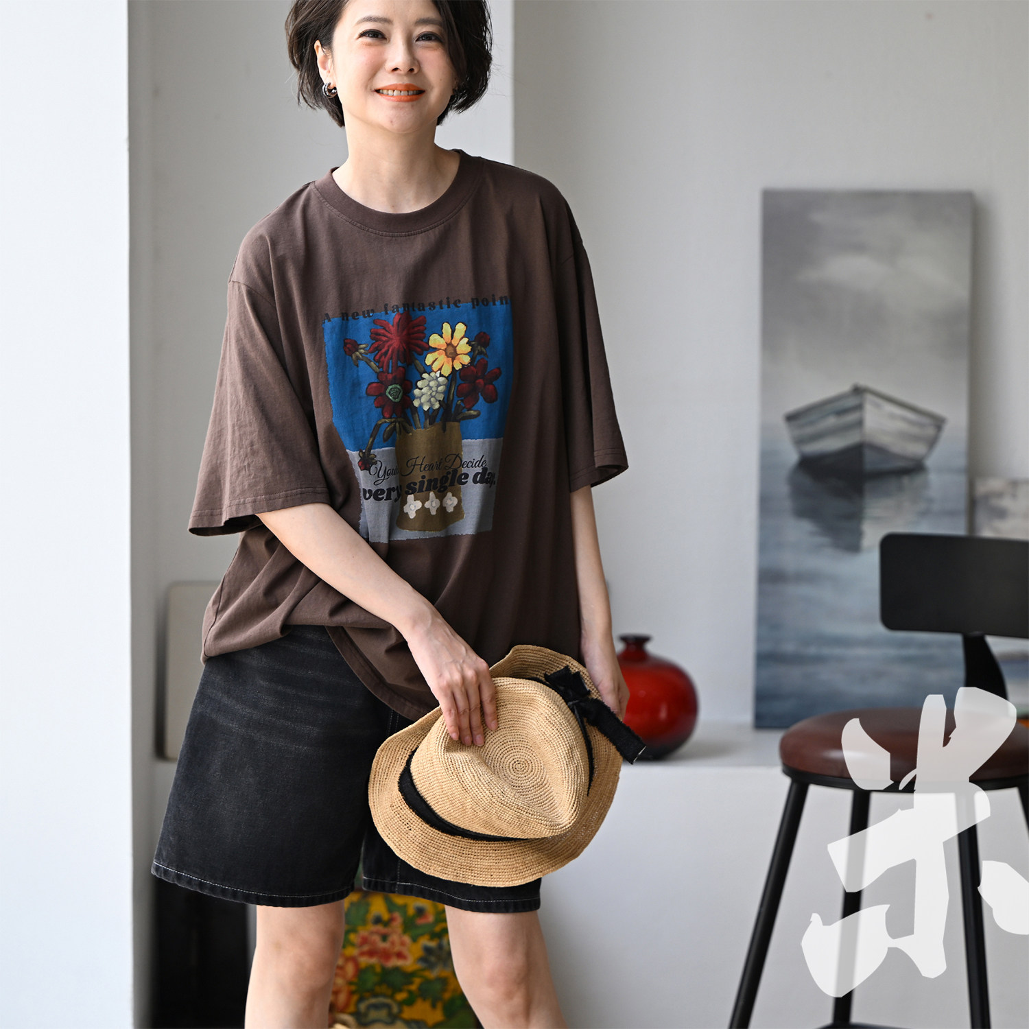 包邮 T33122 文艺休闲圆领宽松纯棉撞色花卉印花短袖T恤女夏 新
