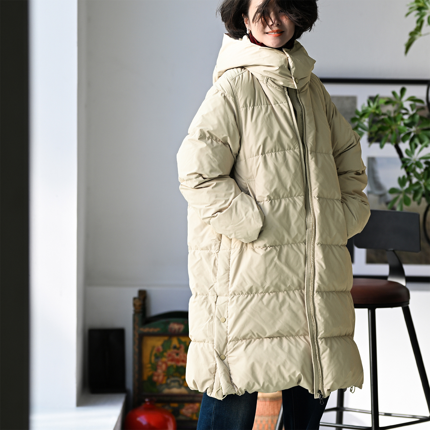 保暖横格可拆连帽立领长款羽绒服