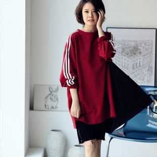 文艺休闲简约侧拼条宽松圆领中长款 R9530C韩版 套头卫衣女秋 包邮