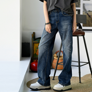 韩版 包邮 N67212 女25秋冬 休闲洋气粗犷磨色高腰显瘦直筒牛仔长裤