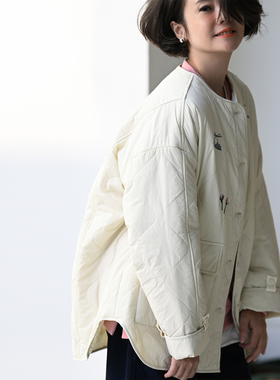 包邮F88300 文艺休闲百搭圆领童趣刺绣绗缝羊毛内胆宽松棉服女秋