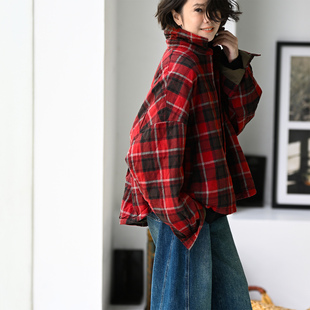 F57756 复古文艺休闲英伦红黑格子翻领宽松加厚棉服外套新品速递
