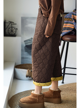 特●K1517C拼色绗缝夹棉宽松休闲九分棉裤女松紧高腰休闲米兰宣言