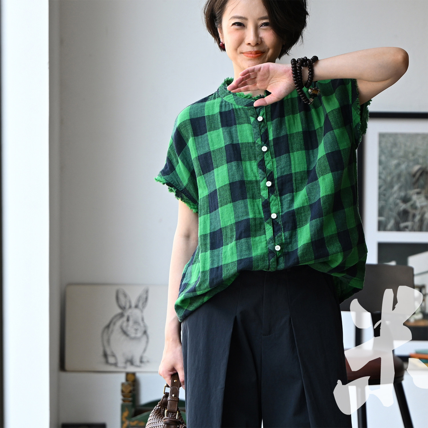 C60330 文艺休闲拼色纯棉宽松毛边单排扣格子衬衫女26夏 米兰宣言
