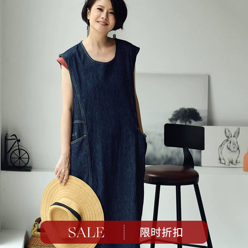 明线装饰马甲无袖牛仔连衣长裙