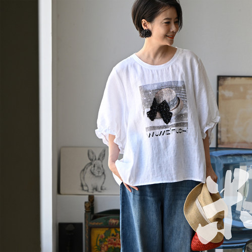 花边短袖宽松亚麻钉珠蝴蝶结衬衫