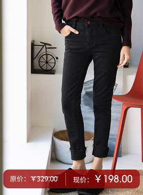 N11600 韩版精致撞色刺绣加绒弹力修身黑色铅笔牛仔裤女米兰宣言