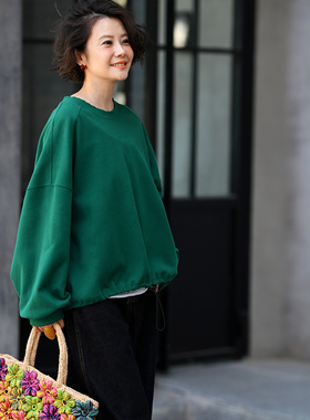 包邮R7151C 文艺休闲复古磨毛抽绳圆领套头宽松蝙蝠袖短款卫衣女