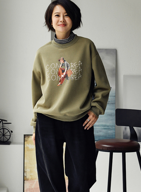 包邮R1099C条纹拼接加绒加厚宽松半高领印花卫衣女冬文艺休闲百搭