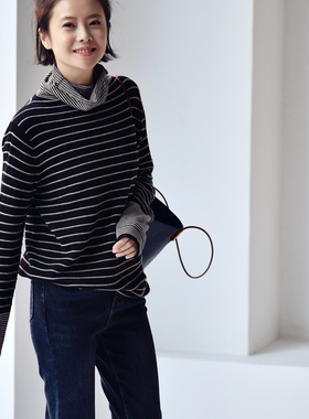 包邮Z6290C气质肌理感显瘦百搭文艺堆堆领条纹针织衫高领毛衣女冬